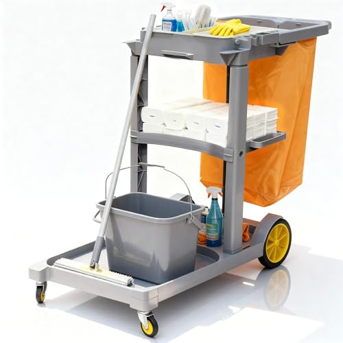 PYY Cleaning Carts On Wheels - Janitorial Cart w/ 3-Shelf & 2 Bins, Smooth Swivel Caster, 65L Collection Bag, 300LBS Load Capacity, Sturdy Cleaning Cart for Housekeeping, Janatorial Cleaning (Gray)