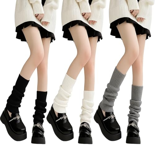 JcvPot 3 Paar Stulpen Damen, Winter Stulpen Damen, Leg Warmers Beinwärmer Frauen, Beinwärmer für Yoga, Fitness und Mode, 40 cm, Weiß, Grau, Schwarz