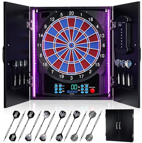 Electronic Dart Board, Electric Dartboard Cabinet Set for Adults [12 Soft Tip Darts] Individual Light Color for Each Player, Wooden Dartboard Cabinet for Family Game - Black
