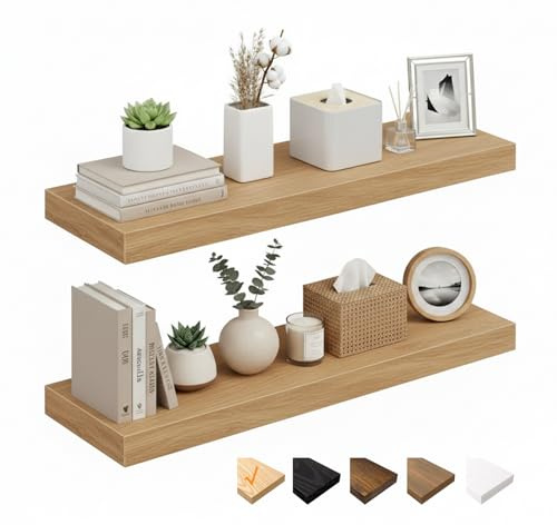 RICHER HOUSE Eiche Wandregale, 60 x 23,5 x 3,8cm Wandboard MDF Holz,2er-Set | Holzregal Wand mit unsichtbaren Halterungen, Schweberegal für Schlafzimmer, Wohnzimmer, Badezimmer, Küche, Waschküche, Büro