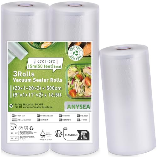 Anysea Bolsas Vacio Alimentos：Rollos Envasadora al Vacio Apto para Selladores al Vacío, 3 Rollos 20x500 cm (1) y 20x500 cm (2) Bolsas Envasar al Vacio Alimentos