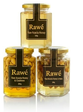 Rawé Raw Acacia Honey Gift Set, 3 Pack with Mixed Nuts and Pistachios, 280g and 330g Hexagonal Glass Jars, Unpasteurised and Unfiltered