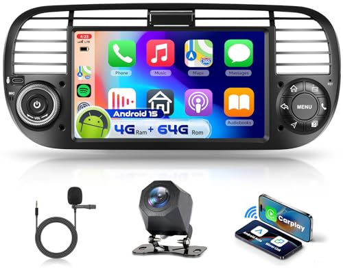 4G&64G 9 Autoradio per FIAT 500 2007－2014 con Carplay Android Auto,Bluetooth RDS/FM Radio,Wi-Fi GPS Navi,Telecamera posteriore AHD