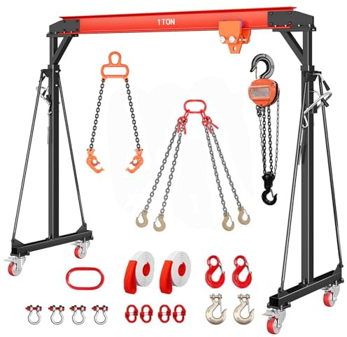 2200 LBS Gantry Crane, 1 Ton Adjustable Gantry Crane, Shop Lift Hoist with 8-12 FT Adjustable Height for Warehouse, Factory(with Manual Trolley & Hoist, Lifter, Sling, Hooks, Shackles, Links)