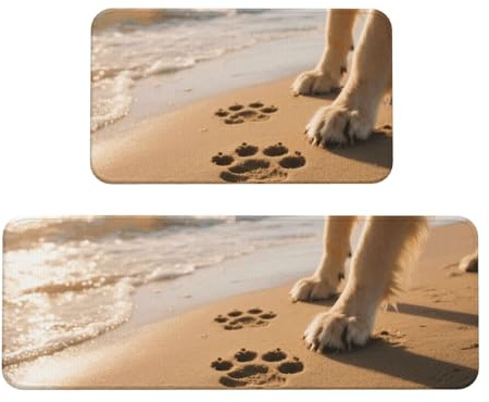 Dog Paw Print Kitchen Rugs Set of 2, Cushioned Anti-Fatigue Kitchen Mats for Floor, Waterproof Comfort Standing Mat Absorbent Velvet Kitchen Runner Rugs 17x30+17x47
