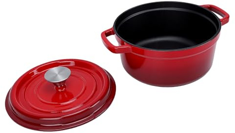 PUSOKEI Faitout en Fonte, Faitout émaillé à Double Oreille de 2,9 L, Cocotte Ronde Rouge avec Couvercle, Idéal pour la Cuisson du Pain, le Braisage des Ragoûts et la Cuisson Lente