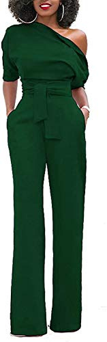 Minetom Femmes Chic Manches Courtes Une Épaule Combinaisons Solides Large Jambe Longue Pantalon Barboteuse Avec Ceinture Armée Verte FR 34
