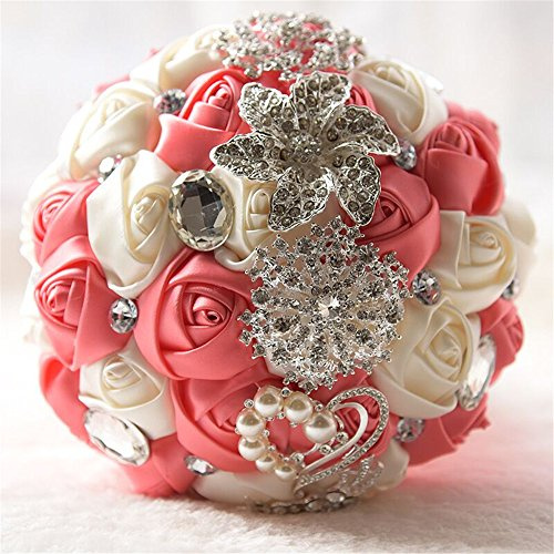 Fouriding Handgemachte Brosche Brautstrauß Braut Satin Rosen Blumen Strass Perlen Blumensträusse Hochzeit Strauß Künstliche Blumenstrauß künstlicher Rosenstrauß Dekoration (Watermelon Pink+ Creamy)