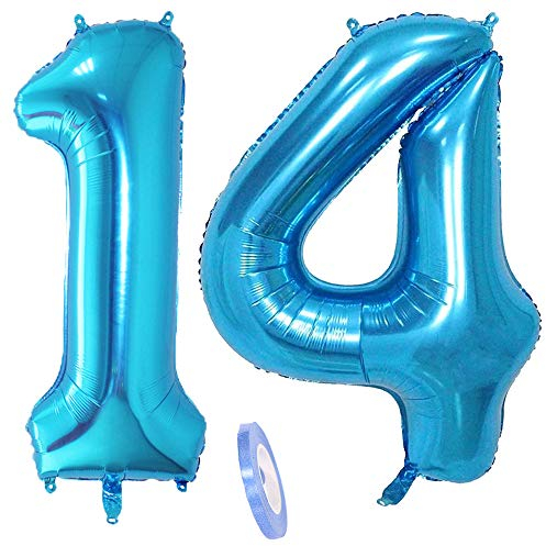 2 Numero di Palloncini 14, Numeri 14 Anni Compleanno Decorazioni Blu Bimbo Bambina Ragazza Ragazzo Uomo, Blue 40 Gigante Foil Elio Palloncino Gonfiabile Balloons Happy Birthday Festa (XXXL 100cm)