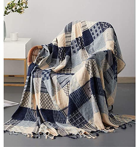 ele ELEOPTION Chenille-Überwurfdecke, Jacquard-Quasten, Überwurfdecke, Sofa, Stuhlbezug, dekorativ für Bett, Couch, weicher Stuhl, Volksstammesmuster (blaues Gitter, 150 x 190 cm)