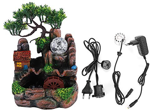 Zimmerbrunnen Brunnen aus Polyresin mit LED Beleuchtung und Luftbefeuchter Tischbrunnen mit Deko-Steingarten und Teich Wasserspiel Desktop Wasserfall mit Pumpe fur B¨¹ro Wohnzimmer,(EU 220V)