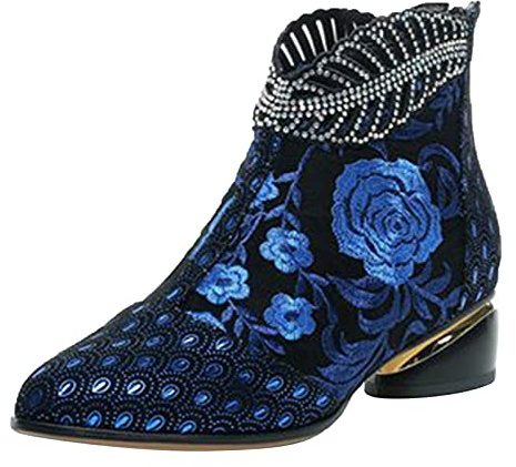 Hbeylia Rhinestones Dress Booties For Women Vintage Ethnic Glitter Crystal Leaf Flower Embroidered Chunky Low Heel Ankle Boots Zip Up Boho Retro Mid Calf Dressy Boots For Ladies Dancer Wedding Party