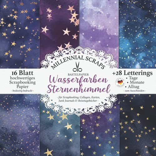 Bastelpapier Wasserfarben Sternenhimmel – für Scrapbooking, Collagen, Karten, Junk Journals & Reisetagebücher –: Decoupage DIY Papier & Zubehör I Mit Letterings I Zum Basteln: Journal Deko & Inspo