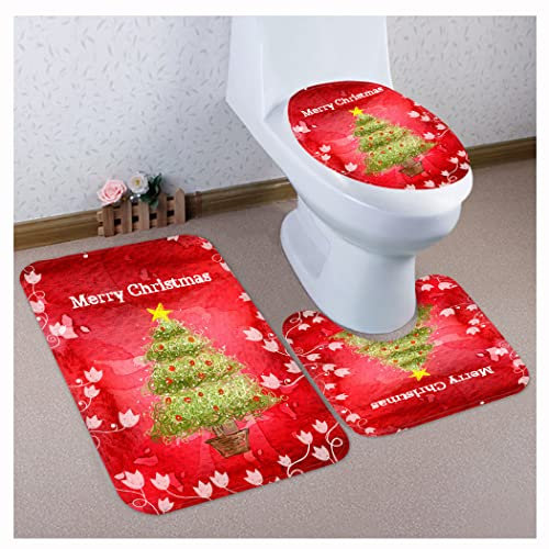 OttoBen Weihnachts Badematten Set 3 Teilig 3D Drucken Badezimmer Fußmatte Garnitur rutschfeste Badteppich Stand WC Badvorleger Toilet Mat Teppich 13# 50 * 80cm+40 * 50cm+38 * 43cm