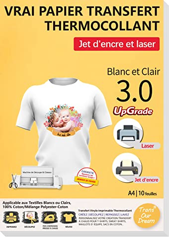 TransOurDream Papier Transfert pour Textile 3.0 - Imprimantes Jet d'Encre & Laser, Pochette 10 Feuilles A4 Papier Transfert pour T-Shirts ou Textiles Blancs et Clairs, Non Impression Miroir 2-3.0-10