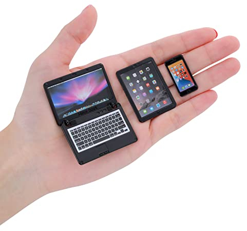 COBEE 1:12 Metal Simulation Laptop Tablet Smart Phone Mini 3 Pcs/Set- Dollhouse Miniatures Computer Scene Simulation Furniture Accessories Dolls House Furniture Doll,Black-3Pcs,Silver,523728-JUXIN-P