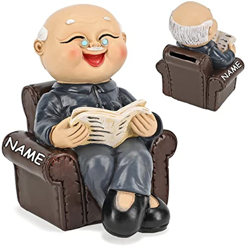 alles-meine.de GmbH große Spardose lustiger Opa/Rentner/Großvater inkl. Name - mit Verschluss - aus Kunstharz/Polyresin - 14 cm - stabile Sparbüchse - Sparschwein - für..