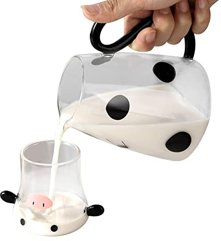 Cow Glass Water Pitcher with Glass Cup, Cute Cartoon Cow Bedside Water Carafe Set, Hot Cold Water with Cup for Juice Milk Coffee Iced Tea, S/L