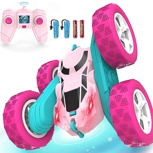cosone Ferngesteuertes Auto für Mädchen, Allrad Offroad Stunt RC-Auto mit Scheinwerfern, Doppelseitiges 360° Drehbares Spielzeug, Geschenke für Kinder ab 6 Jahren (Rosa)