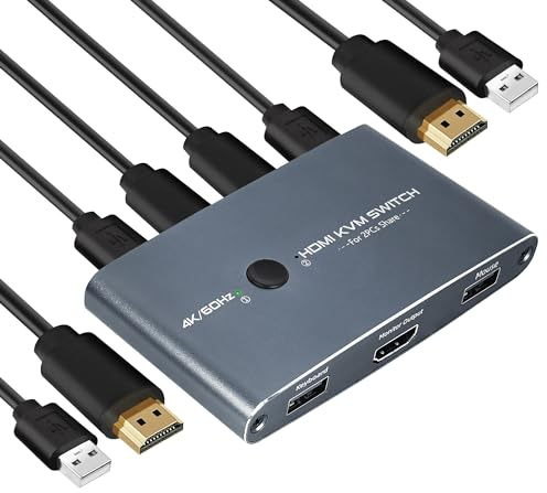 HDMI KVM Switch 2 porte 4K 60Hz, Commutator Alluminio, Switch KVM USB HDMI per 2 PC condividere 1 Monitor HD e Tastiera, Mouse, Stampante, U-Disk