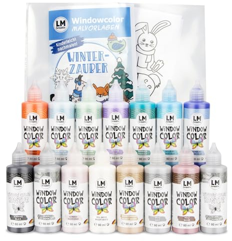 LM-Kreativ Window Color - Set Hiver féerique 15 pièces - 13 couleurs + 2 contours - Peinture pour fenêtres festives, à base d’eau, idéale pour décorer et offrir
