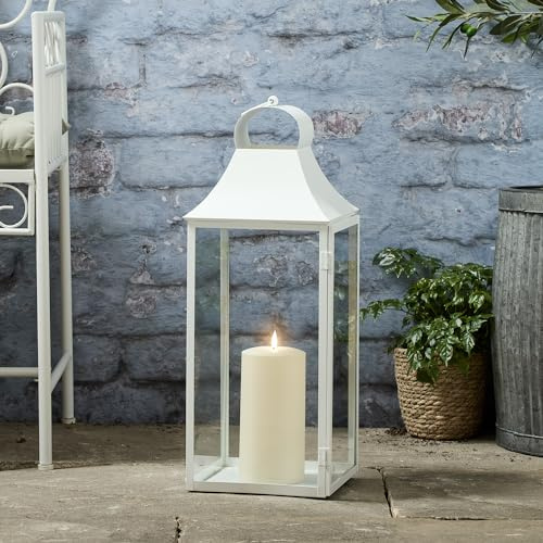 Lights4fun 59cm Laterne Weiß Metall mit TruGlow® LED Kerze mit Timer Gartenlaterne für draußen