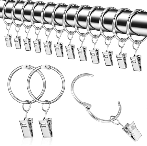 Csirnto Gardinenhaken, 40 Stück Vorhang Haken 38mm Inner Diameter Ringe Gardinenringe, Rostfrei Duschvorhang Haken Duschvorhangringe mit Clips für Vorhänge und Gardinenstangen (Silber)
