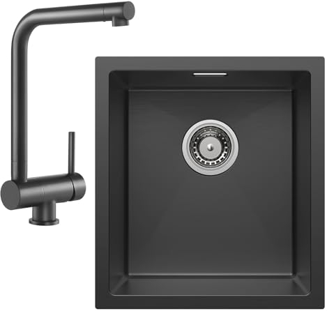 CECIPA Evier Cuisine 1 Bac 40 x 44 cm avec Mitigeur Cuisine Rabattable Noir, Évier Noir Sous Plan, Évier de Cuisine Inox Carré, Petit Lavabo Cuisine avec Siphon, Kit de Drainage