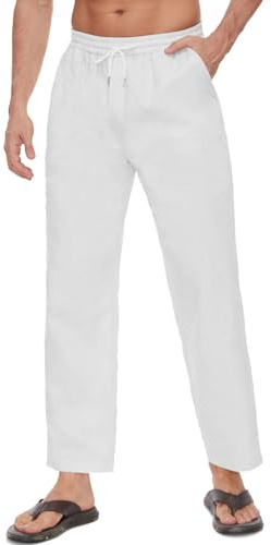 CheChury Homme Lin Pantalon Coton Large Pantalon pour Homme Cordon Serrage été Décontracté Taille Elastique Pants Couleur Unie Respirant Pantalon avec Poches,Blanc,S