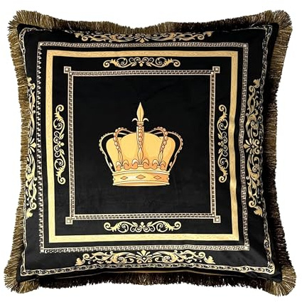 Belle Arti Luxus Dekokissen Sofakissen Samt in schwarz Gold mit Löwe, Amphore, Krone als Motiv, Bezug und Füllung (Motiv: Krone, 60 x 60 cm)