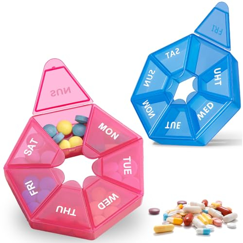 NICEIN®Tablettenbox 7 Tage-2 Stück Set,Morgens Abends Runden Pillendose,Tragbare und Feuchtigkeitsbeständiger Medikamentenbox,BPA-Freier Tabletten Organizer für Medikamente,Vitamine (Rose Rot+Blau)