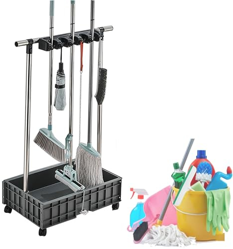Drain Rack Broom Mop Holder Mobile Mop and Broom Holder Cleaning Supplies for Housekeeping Mop Bucket Cleaning Carts on Wheels Garden Tool Organizer Mop Umbrella Stand