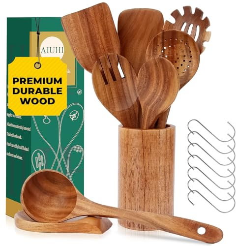 AIUHI 9pcs Wooden Spoons for Cooking, Finely Polished Wooden Kitchen Utensils, Non-Stick Teak Wood Spatulas Utensils Set-Durable, Sturdy & Comfortable Grip