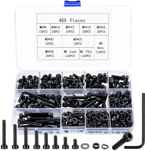 460 Pcs M5 Bolts and Nuts Set, Hex Socket Head Cap Screws Bolts and Nuts Set, M5 Black Machine Screws Assortment, Hex Nuts and Bolts Set with Washers Kit for Home Bicycle Repair