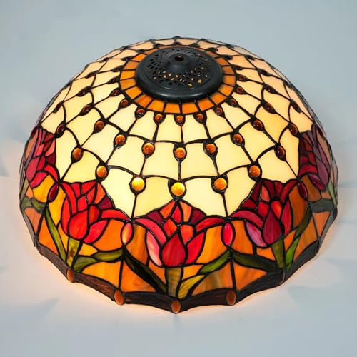 WTTWW 16-Inch Tulip Lampshade Replacement, Tiffany Style Floral Stained Glass Lamp Shade, Antique Traditional Art Design Light Cover Only for Table Lamps Pendant Lamps Floor Lights,Red