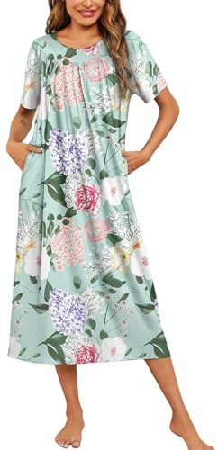 Ekouaer Women's House Dress with Pockets Long Nightgowns for Women House Dress Moo Moos for Women,Green Pink Flower,L