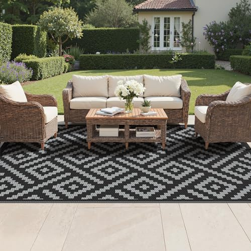 GENIMO Outdoor Teppich Wetterfest 275x365cm Plastik-Strohhalm Matte | UV-bestandig Camping Teppich Waschbarer Outdoor Teppiche fur Garten, Balkon,Pool, Deck, Hinterhof, Schwarz & Grau