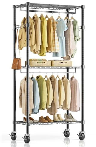 Simple Deluxe Rollender Kleiderständer, robuster Kleiderständer, 3 Ablagen, tragbar, verstellbar, Kleiderschrank mit Rollen, Kleiderstangen und seitlichen Haken, 74,9 cm B x 39,9 cm T x 192 cm H,