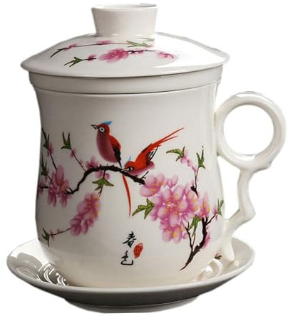 Muzrunq Taza de té 4 piezas/tazas de té con infusor y tapa Caza de té de cerámica Retro té Copa Peach Blossom Floral Taza Floral Regalo Taza de té empinado.
