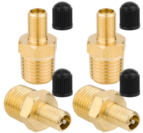 Gosknor 4 Pz Adattatore Gonfiatore Aria in Ottone, Standard 1/4 NPT (M) a Valvola Standard per Schrader (M) Adattatore Gonfiatore Pneumatici con 4 Tappi per Compressore Tubo Aria