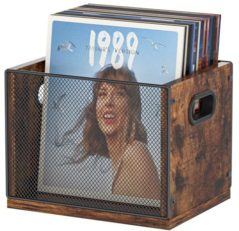 Aimeaihe Vinyl Record Storage Crate, Cube Record Holder Storage 70+ Records, Metal & Wooden Vinyl Storage Record Display Organizer with Handles, Rustic Brown