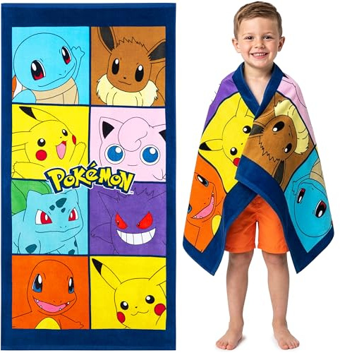 Pokémon Serviette de Plage Enfant 100% Coton Absorbante Serviette Séchage Rapide Bain Piscine Douche Été Pikachu Gengar Évoli 140x70cm