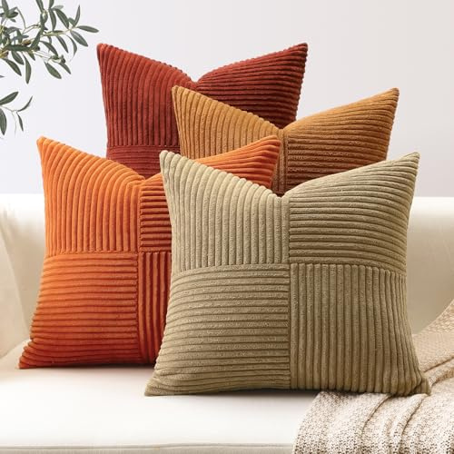 Sungeek 4er Set Cord Kissenbezüge, Kreuz Streifen Muster Kordsamt Kissenbezug Sofakissen Dekokissen Patchwork Design Deko Zierkissenbezüge Kissenhülle für Wohnzimmer (40x40cm, Braun Rost)