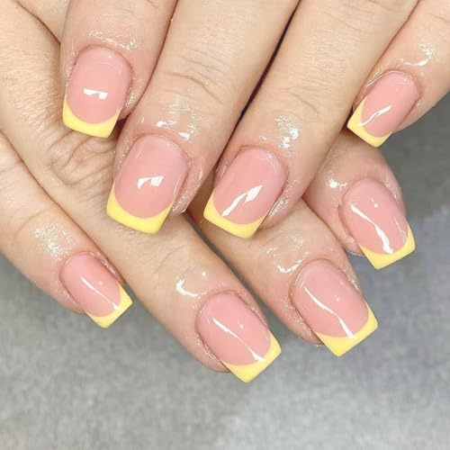Square Press on Nails Tips Full Covers Yellow False Nails