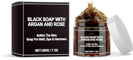 Marockansk svart tvål, afrikansk svart tvålbar, svart tvål med argan och ros, morocco body skrubba mjukgörande hudpeeling kroppstvätt, kroppsskrubba, duschgel för mjuk hud 200 g