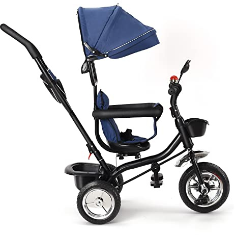Baby-Dreirad, mitwachsend, Dreirad für Kinder von 18 Monaten bis 5 Jahren, Fahrrad Kinderwagen mit Schiebegriff, abnehmbares Sonnendach und Pedal, kompakter Buggy (Dunkelblau, 75 x 46 x 106 cm)