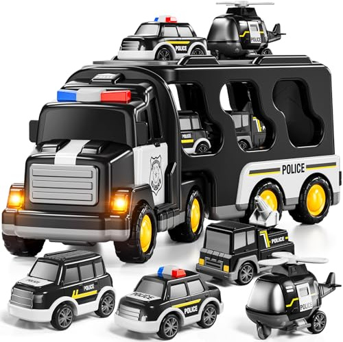JUKUDAHU Polizei-LKW-Spielzeug-Set für Jungen 3-9 Jahre | Transportfahrzeug mit 3 kleinen Autos, 1 Hubschrauber, Reibungskraft-getrieben, Für 3-9 Jahre