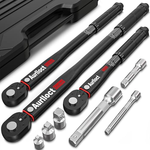 Aurlloct 1/4 3/8 1/2 Drive Click Torque Wrench Set 9pcs, Torque Wrench Car 5-55Nm, 10-140Nm, 20-230Nm, Wheel Torque Spanner for Truck, Car, Tire Replacement, and Motorcycle Car Maintenance