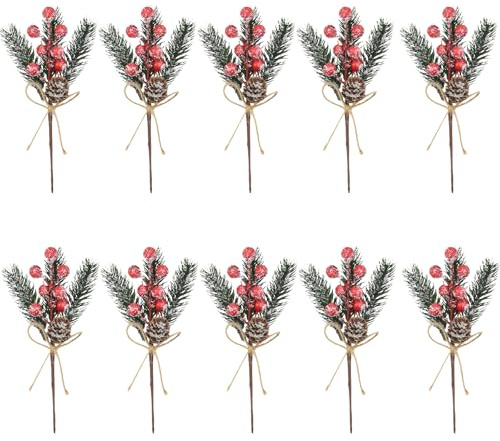 SSKHE Set di 10 steli di agrifoglio artificiali da 19,1 cm, con bacche rosse e pigne, realistici e rustici, decorazioni natalizie per ghirlande, mantelli, matrimoni e Halloween