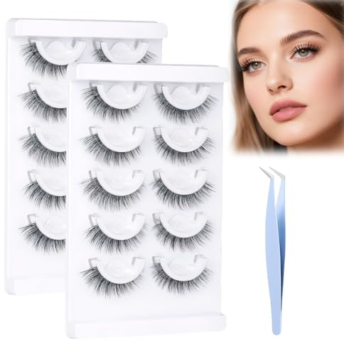 10 Pairs Pre Glued Eyelashes,Natural Look False Lashes,Reuseable Press-on Strip Eyelash,Self Adhesive Lashes No Glue Need Wispy Lash For Beginners, Work & Parties